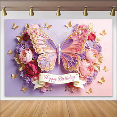Lofaris Schmetterling-Geburtstagshintergrund mit Blumen und goldenen Akzenten, elegante Fotokulisse für Mädchengeburtstag