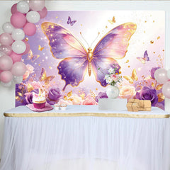 Lofaris Lila Schmetterling Fotohintergrund mit goldenen Rosen und Glitzer, traumhafte Kulisse für professionelles Fotostudio