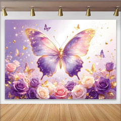 Lofaris Lila Schmetterling Fotohintergrund mit goldenen Rosen und Glitzer, traumhafte Kulisse für professionelles Fotostudio