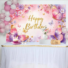 Lofaris Schmetterling-Geburtstagshintergrund mit rosa Blumen und Goldglitzer, magische Fotokulisse für Mädchenparty