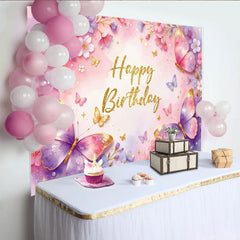 Lofaris Schmetterling-Geburtstagshintergrund mit rosa Blumen und Goldglitzer, magische Fotokulisse für Mädchenparty