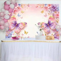 Lofaris Rosa Schmetterlings-Blumen-Fotohintergrund für Mädchen, elegante florale Fotowand für Geburtstag und Fotostudio