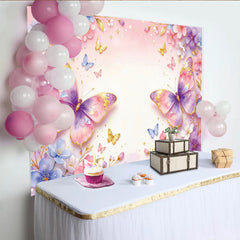 Lofaris Rosa Schmetterlings-Blumen-Fotohintergrund für Mädchen, elegante florale Fotowand für Geburtstag und Fotostudio