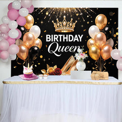 Lofaris Goldener Birthday Queen Hintergrund für Damen mit Krone und Ballons, elegante Fotokulisse für glanzvolle Geburtstagsfeiern