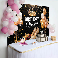 Lofaris Goldener Birthday Queen Hintergrund für Damen mit Krone und Ballons, elegante Fotokulisse für glanzvolle Geburtstagsfeiern