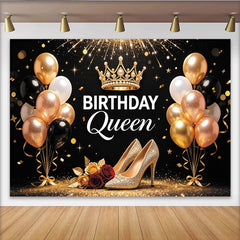 Lofaris Goldener Birthday Queen Hintergrund für Damen mit Krone und Ballons, elegante Fotokulisse für glanzvolle Geburtstagsfeiern