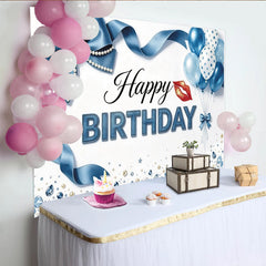 Lofaris Blauer Geburtstagshintergrund mit Luftballons und Schleife, elegante Fotowand für stilvolle Geburtstagsparty