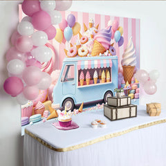 Lofaris Pastellfarbener Eiswagen-Fotohintergrund für Kinder, bunte Donuts und Luftballons Kulisse für Fotoshooting