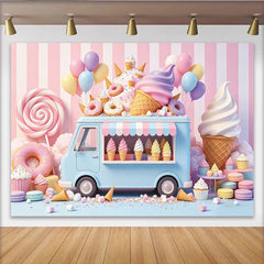 Lofaris Pastellfarbener Eiswagen-Fotohintergrund für Kinder, bunte Donuts und Luftballons Kulisse für Fotoshooting