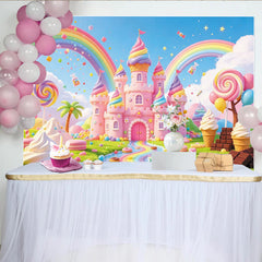 Lofaris Süßigkeiten-Schloss Geburtstagshintergrund mit Regenbogen und Eiscreme, bunte Fotokulisse für Kindergeburtstag
