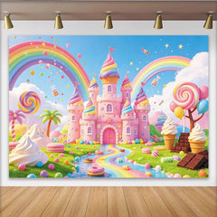 Lofaris Süßigkeiten-Schloss Geburtstagshintergrund mit Regenbogen und Eiscreme, bunte Fotokulisse für Kindergeburtstag