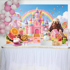 Lofaris Buntes Süßigkeiten-Geburtstagshintergrund mit Schloss und Regenbogen, magische Fotokulisse für Kindergeburtstag