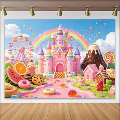 Lofaris Buntes Süßigkeiten-Geburtstagshintergrund mit Schloss und Regenbogen, magische Fotokulisse für Kindergeburtstag