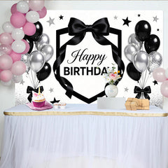Lofaris Schwarz-silberner Happy Birthday Hintergrund mit Luftballons und Schleifen, edle Partydekoration für Fotoshooting