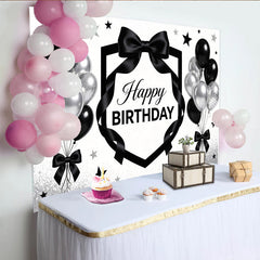 Lofaris Schwarz-silberner Happy Birthday Hintergrund mit Luftballons und Schleifen, edle Partydekoration für Fotoshooting