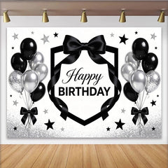 Lofaris Schwarz-silberner Happy Birthday Hintergrund mit Luftballons und Schleifen, edle Partydekoration für Fotoshooting