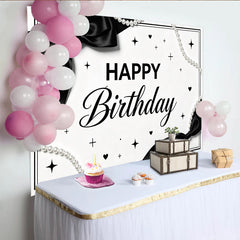Lofaris Schwarz-weißer Happy Birthday Hintergrund mit Perlen und Schleifen, elegante Partydekoration für Fotoshooting