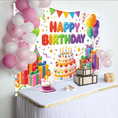 Lofaris Bunter Happy Birthday Hintergrund mit Luftballons und Torte, festliche Partydekoration für Kinder und Fotoshooting