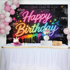 Lofaris Bunter Neon Happy Birthday Geburtstagshintergrund auf Ziegelwand, moderne Fotowand mit Farbspritzern für festliche Anlässe