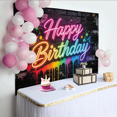 Lofaris Bunter Neon Happy Birthday Geburtstagshintergrund auf Ziegelwand, moderne Fotowand mit Farbspritzern für festliche Anlässe
