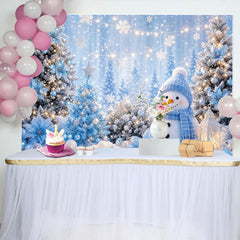Lofaris Blauer Winterwunderland-Hintergrund mit Schneemann und Weihnachtsbäumen, festliche Kulisse für Weihnachtsfeier und Fotoshooting