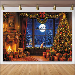 Lofaris Magischer Weihnachts-Hintergrund mit beleuchtetem Baum und Kamin, festliche Fotokulisse für Winterpartys und Familienfotos