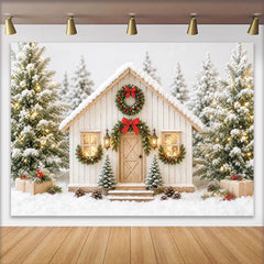 Lofaris Verschneiter Weihnachtshintergrund mit gemütlichem Haus und Tannenbäumen, festliche Winterkulisse für Familienfotos und Feiertagsdeko
