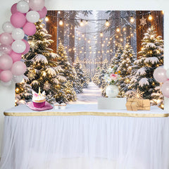 Lofaris Verschneiter Wald Weihnachts-Hintergrund mit funkelnden Lichterketten und Schneeflocken, festliche Winterlandschaft Kulisse für Party