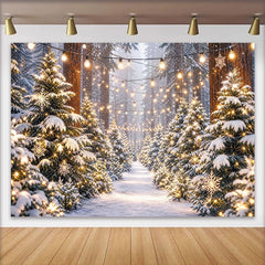 Lofaris Verschneiter Wald Weihnachts-Hintergrund mit funkelnden Lichterketten und Schneeflocken, festliche Winterlandschaft Kulisse für Party