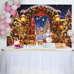 Lofaris Winterlicher Weihnachtshintergrund mit beleuchteten Bäumen und Rentieren, magische Winterlandschaft Fotowand für Partydekoration