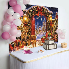 Lofaris Winterlicher Weihnachtshintergrund mit beleuchteten Bäumen und Rentieren, magische Winterlandschaft Fotowand für Partydekoration