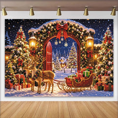 Lofaris Winterlicher Weihnachtshintergrund mit beleuchteten Bäumen und Rentieren, magische Winterlandschaft Fotowand für Partydekoration