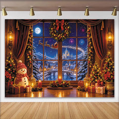 Lofaris Magischer Weihnachts-Hintergrund mit Schneemann und Winterfensterblick, festliche Fotokulisse für Familienfeiern und Winterpartys