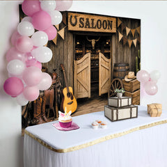 Lofaris Rustikaler Wildwest-Saloon-Hintergrund mit Holzoptik und Cowboy-Elementen, perfekte Kulisse für Fotoshootings und Partys
