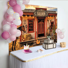 Lofaris Rustikaler Wildwest-Saloon Hintergrund mit Pferd und Kaktus, Wüstenlandschaft Fotokulisse für Cowboy-Party und Fotoshooting