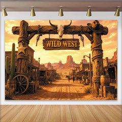 Lofaris Rustikaler Wildwest Fotohintergrund mit Holzarch und Stierschädel, Vintage Western Kulisse für Abenteuer-Fotoshootings und Partys