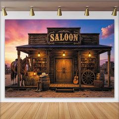Lofaris Rustikaler Wildwest-Saloon-Hintergrund mit Pferd und Cowboy-Stiefeln, atmosphärische Kulisse für professionelle Fotoshootings