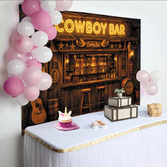 Lofaris Rustikaler Cowboy Bar Hintergrund mit Neonlicht und Western-Dekoration, Vintage Saloon Kulisse für Fotoshooting und Partydekoration