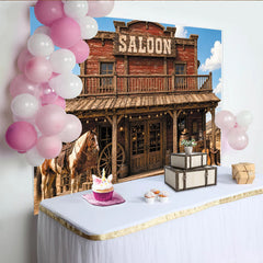 Lofaris Rustikaler Wildwest-Hintergrund mit Saloon Pferd Cowboy-Stiefeln und Gitarre, authentische Holzkulisse für Fotostudio