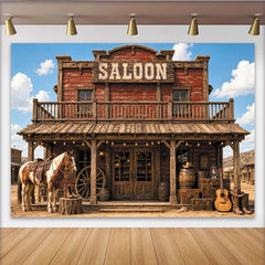 Lofaris Rustikaler Wildwest-Hintergrund mit Saloon Pferd Cowboy-Stiefeln und Gitarre, authentische Holzkulisse für Fotostudio