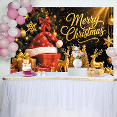Lofaris Goldener Glitzer Weihnachts-Hintergrund mit Weihnachtsmannmütze, festliche Kulisse für Fotoshooting und Partydekoration
