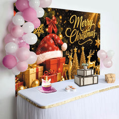 Lofaris Goldener Glitzer Weihnachts-Hintergrund mit Weihnachtsmannmütze, festliche Kulisse für Fotoshooting und Partydekoration