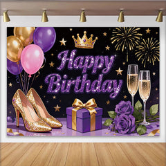 Lofaris Lila Glitzer Happy Birthday Hintergrund mit Krone und Ballons für Frauen, elegante Fotowand für festliche Anlässe und glamouröse Partys