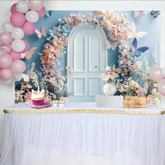 Lofaris Märchenhafter Pastell Blumen Schmetterling Türbogen Fotohintergrund, elegante Kulisse für Fotoshootings und Frühlingspartys