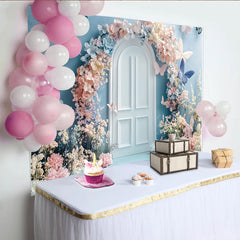 Lofaris Märchenhafter Pastell Blumen Schmetterling Türbogen Fotohintergrund, elegante Kulisse für Fotoshootings und Frühlingspartys