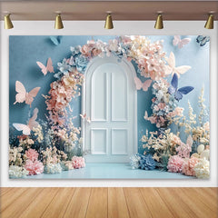 Lofaris Märchenhafter Pastell Blumen Schmetterling Türbogen Fotohintergrund, elegante Kulisse für Fotoshootings und Frühlingspartys