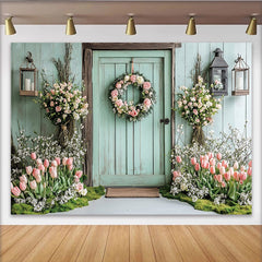 Lofaris Frühlingslandschaft Fotohintergrund mit mintgrüner Holztür und Blumenkranz, idyllische Kulisse für Fotoshootings und Eventdekoration