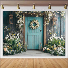 Lofaris Türkiser Holztür Frühlingshintergrund mit Blumenkranz, rustikale Fotokulisse für professionelle Frühlingsfotografie