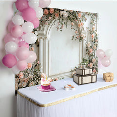 Lofaris Eleganter Blumen Fotohintergrund mit rosa Rosen und weißem Bogen, romantische Fotokulisse für Porträts und Events