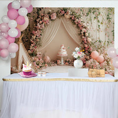 Lofaris Rosa Blumen Geburtstagshintergrund für Mädchen mit Zelt und Ballons, elegante Fotokulisse für Babyparty und Fotoshootings